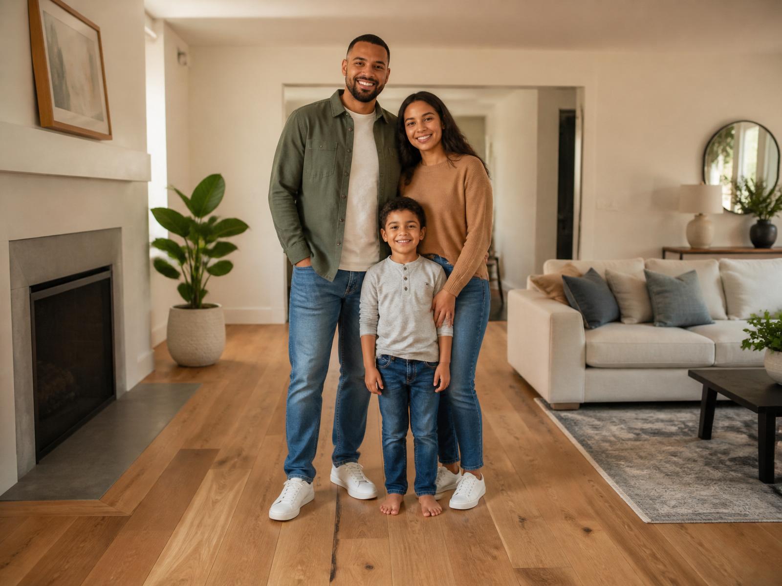 Happy SimpliFloors customers standing on their newly installed hardwood floor