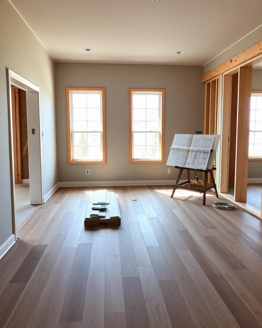 Contractor crew installing wide-plank engineered hardwood on a new build site