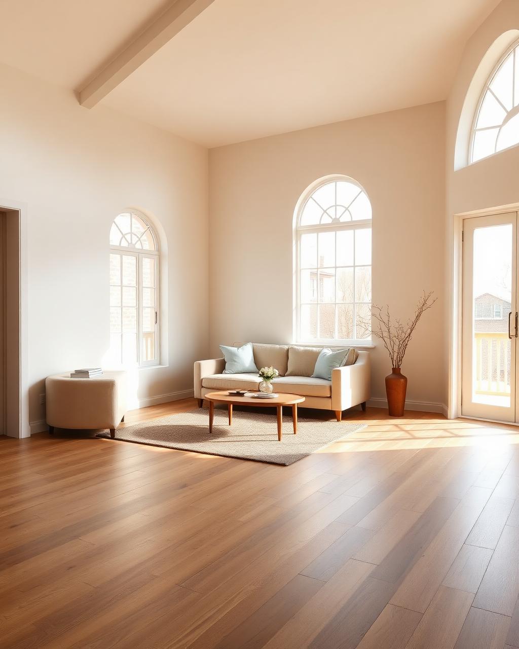 Sunlit modern living room with wide-plank natural European white oak hardwood floors and a low cream sofa