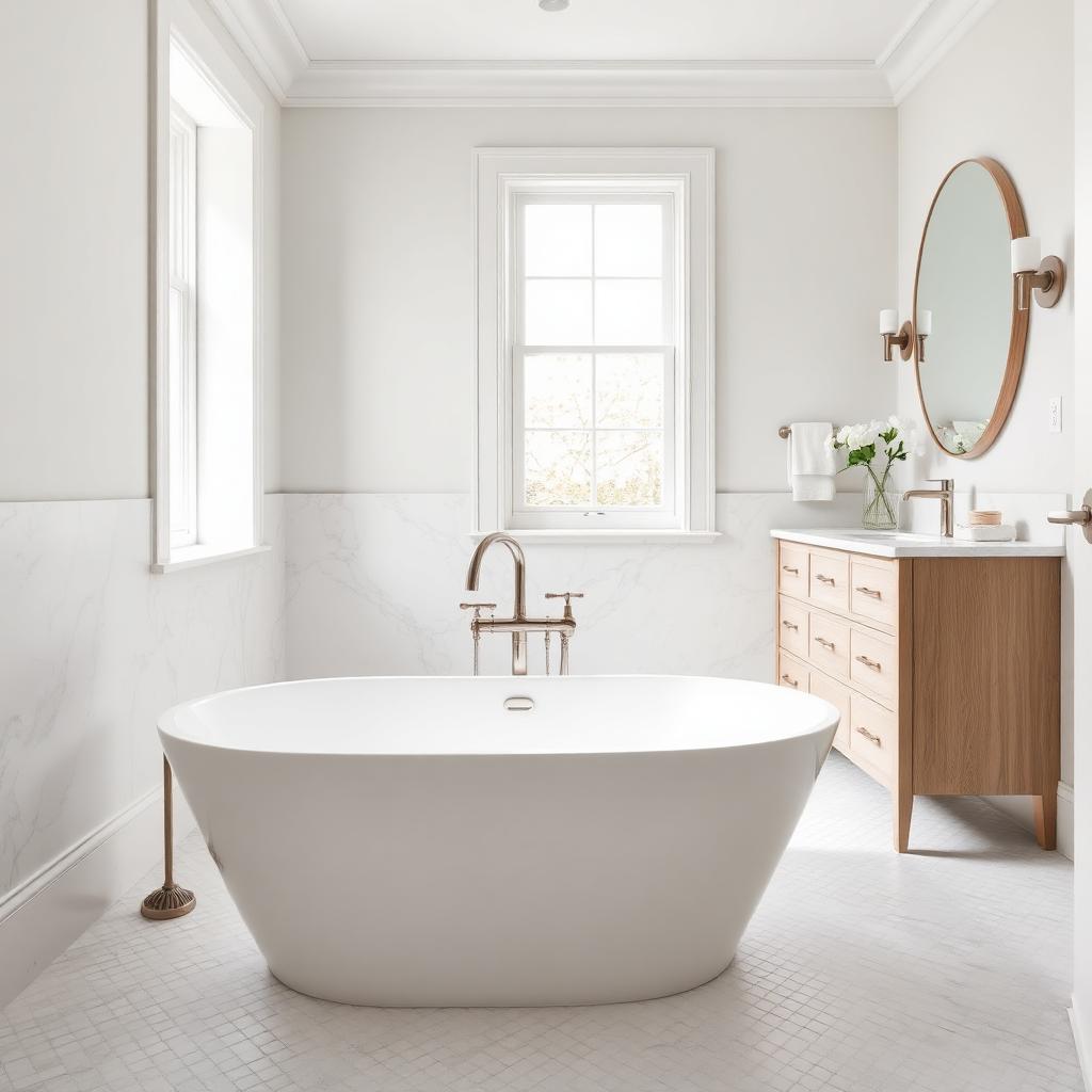 Spa-style primary bathroom with honed Calacatta marble large-format tile floor and a freestanding tub