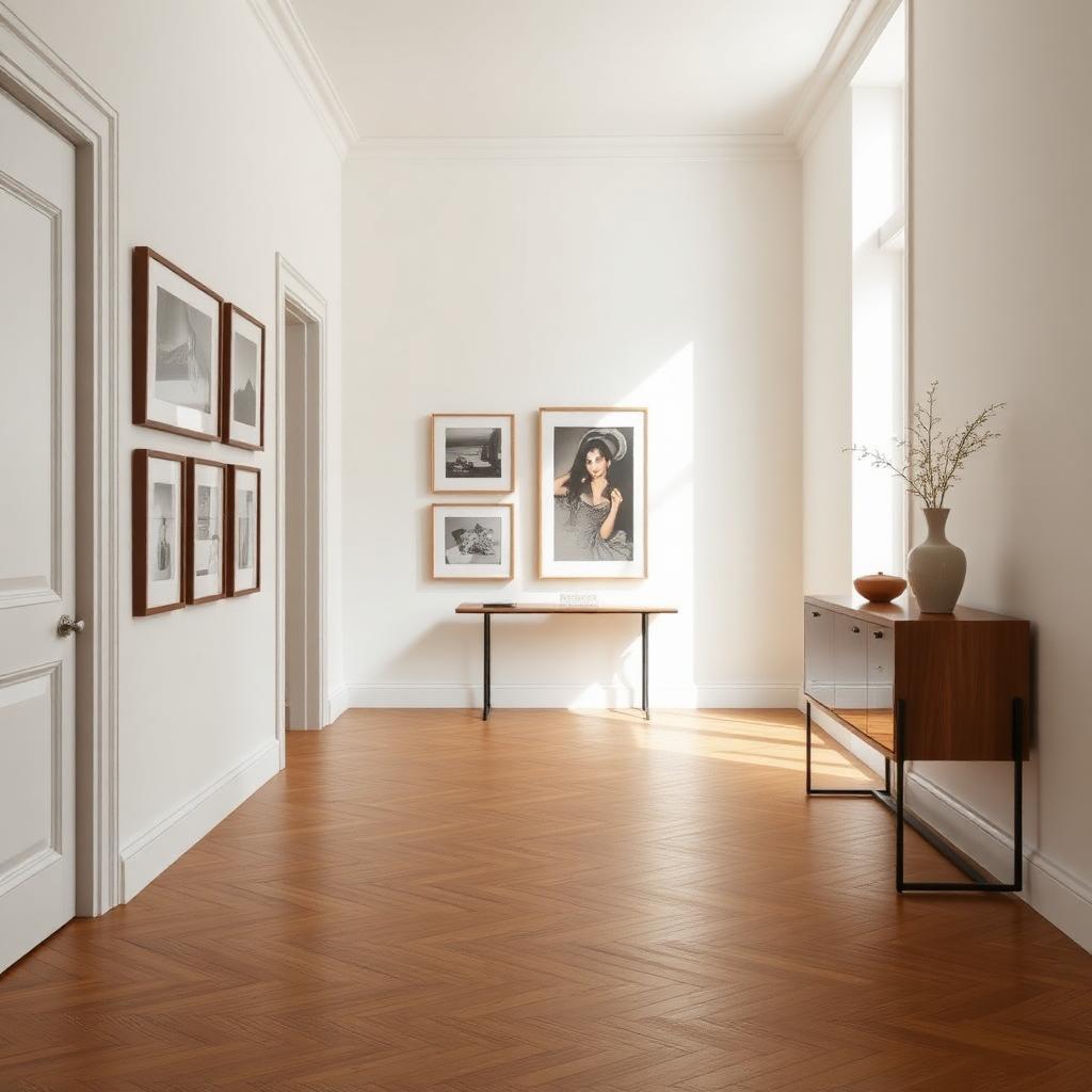 Modern entry hallway with cement-look porcelain tile flooring and a vintage console table