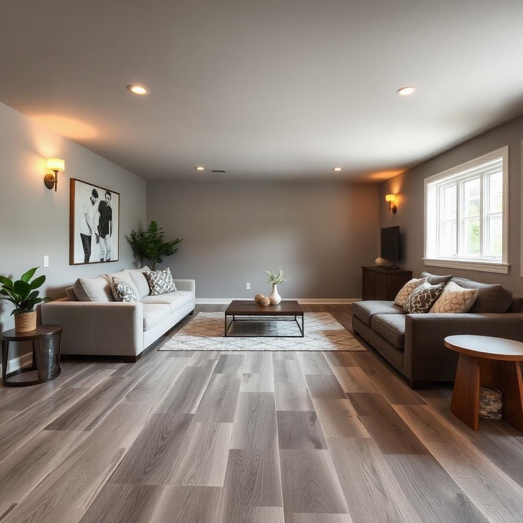 Cozy home office with warm laminate wood-look flooring, a wood desk and built-in bookcases