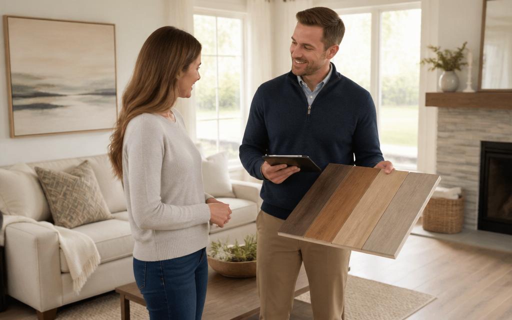 Flooring consultant visiting a customer's home with samples and a tablet