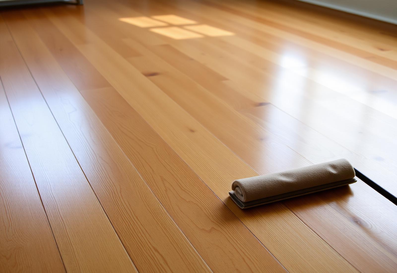 Hardwood floor with fresh polyurethane coat and applicator pad