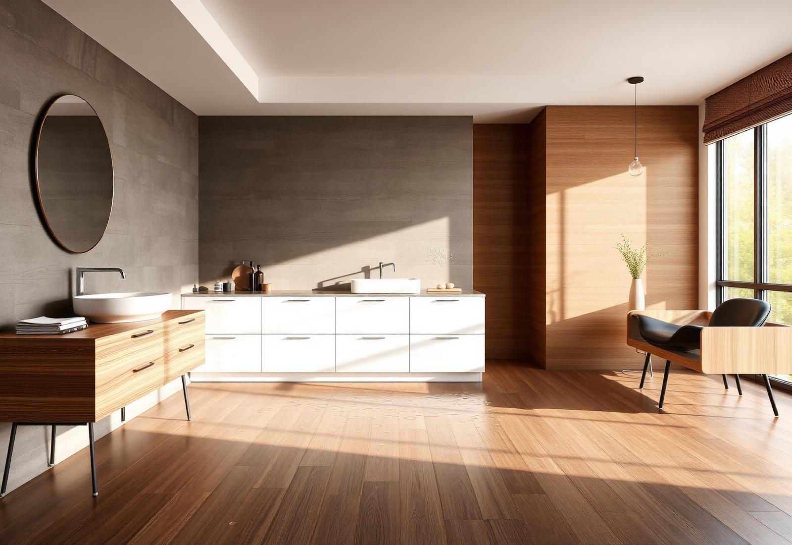Modern bathroom with waterproof wood-look flooring and water droplets on the surface